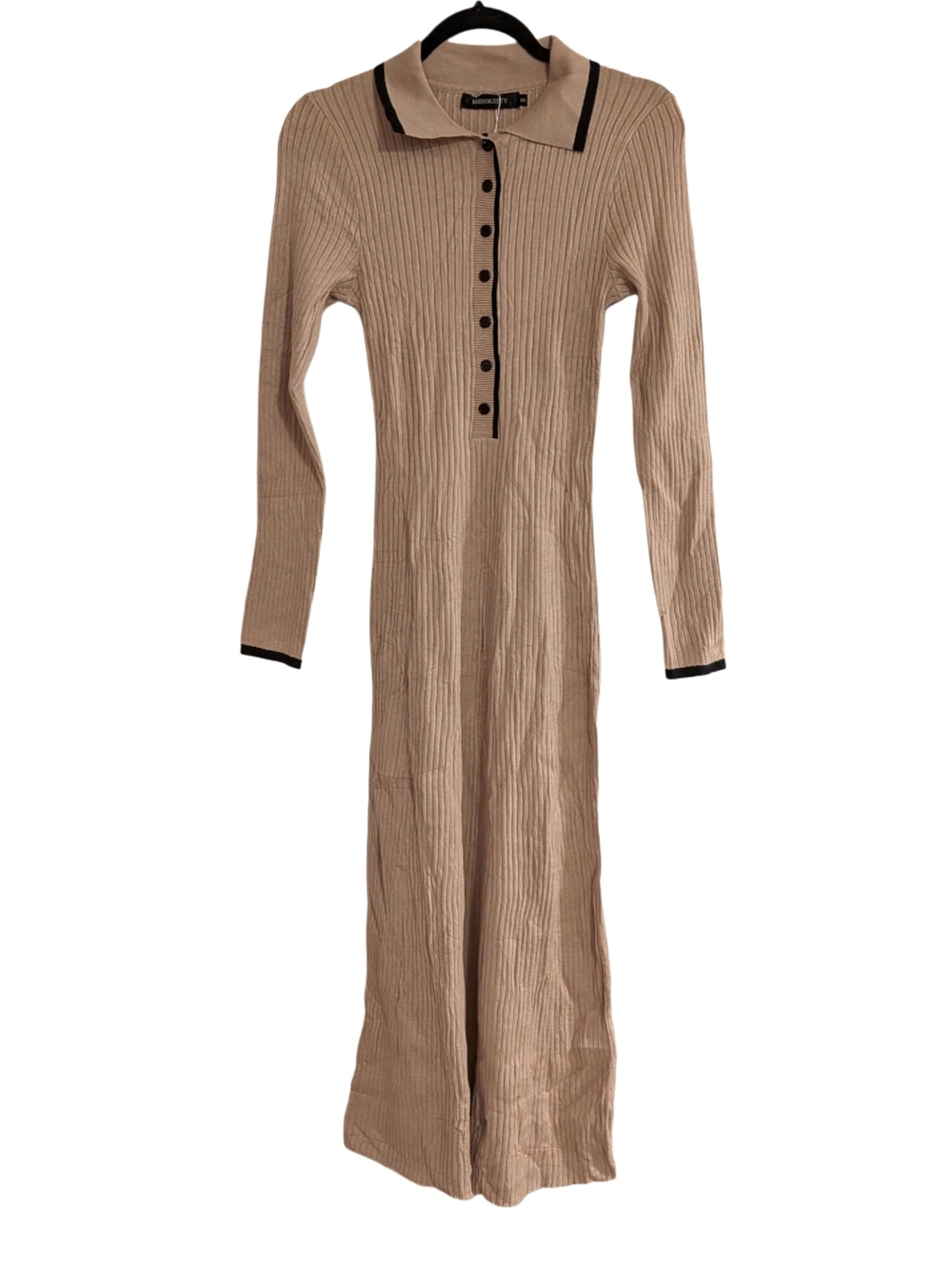 MEROKEETY Women's Ribbed Knit Polo Maxi Dress Beige Black Trim Size S NWT